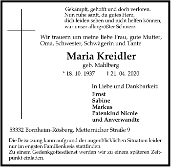 Anzeige von Maria Kreidler von  Schaufenster/Blickpunkt 