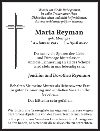 Anzeige von Maria Reyman von  Wochenende 