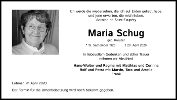 Anzeige von Maria Schug von Kölner Stadt-Anzeiger / Kölnische Rundschau / Express