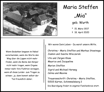 Anzeige von Maria Steffen von Kölner Stadt-Anzeiger / Kölnische Rundschau / Express