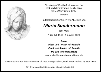Anzeige von Maria Sündermann von Kölner Stadt-Anzeiger / Kölnische Rundschau / Express