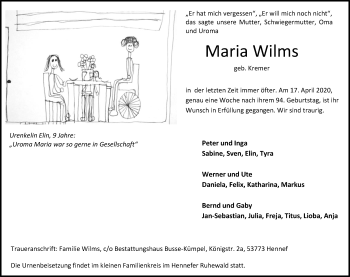 Anzeige von Maria Wilms von Kölner Stadt-Anzeiger / Kölnische Rundschau / Express