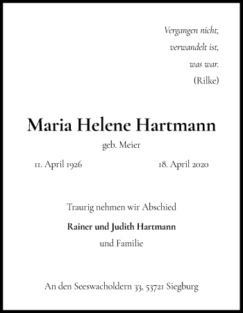 Anzeige von Maria Helene Hartmann von Kölner Stadt-Anzeiger / Kölnische Rundschau / Express