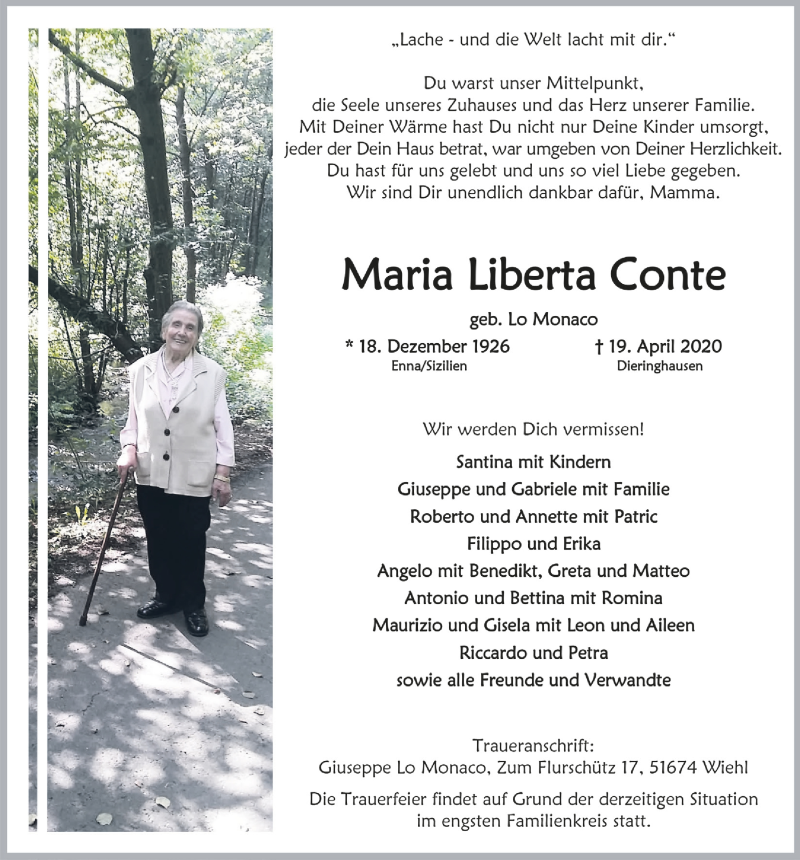  Traueranzeige für Maria Liberta Conte vom 24.04.2020 aus  Anzeigen Echo 