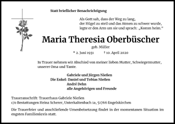 Anzeige von Maria Theresia Oberbüscher von Kölner Stadt-Anzeiger / Kölnische Rundschau / Express