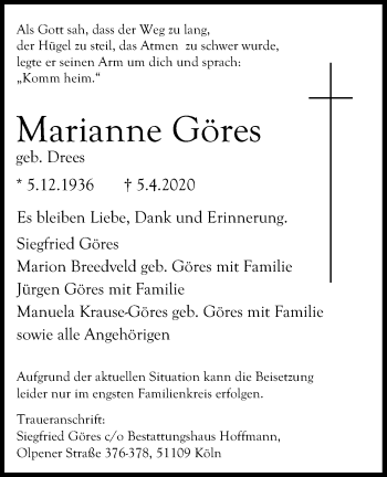Anzeige von Marianne Göres von Kölner Stadt-Anzeiger / Kölnische Rundschau / Express