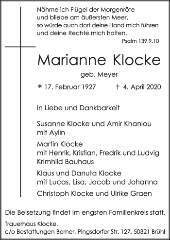 Anzeige von Marianne Klocke von  Schlossbote/Werbekurier 