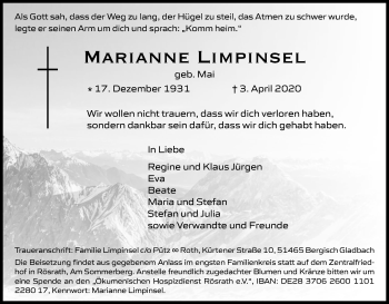 Anzeige von Marianne Limpinsel von Kölner Stadt-Anzeiger / Kölnische Rundschau / Express