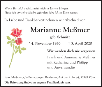 Anzeige von Marianne Meßmer von Kölner Stadt-Anzeiger / Kölnische Rundschau / Express