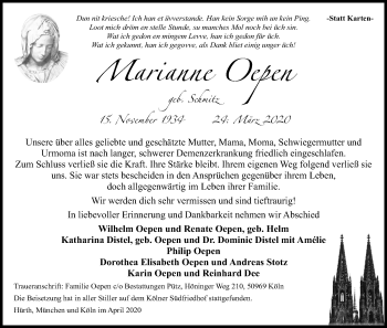 Anzeige von Marianne Oepen von Kölner Stadt-Anzeiger / Kölnische Rundschau / Express