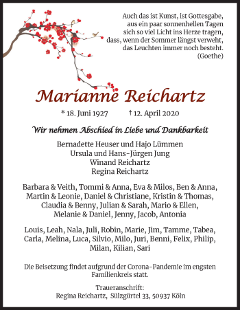 Anzeige von Marianne Reichartz von Kölner Stadt-Anzeiger / Kölnische Rundschau / Express