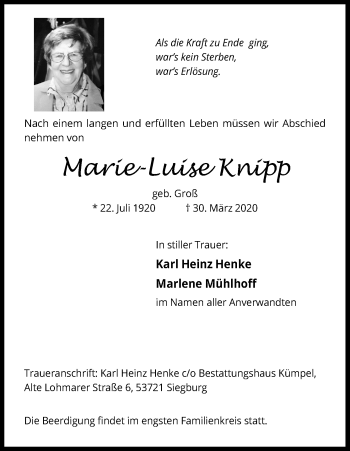 Anzeige von Marie-Luise Knipp von Kölner Stadt-Anzeiger / Kölnische Rundschau / Express