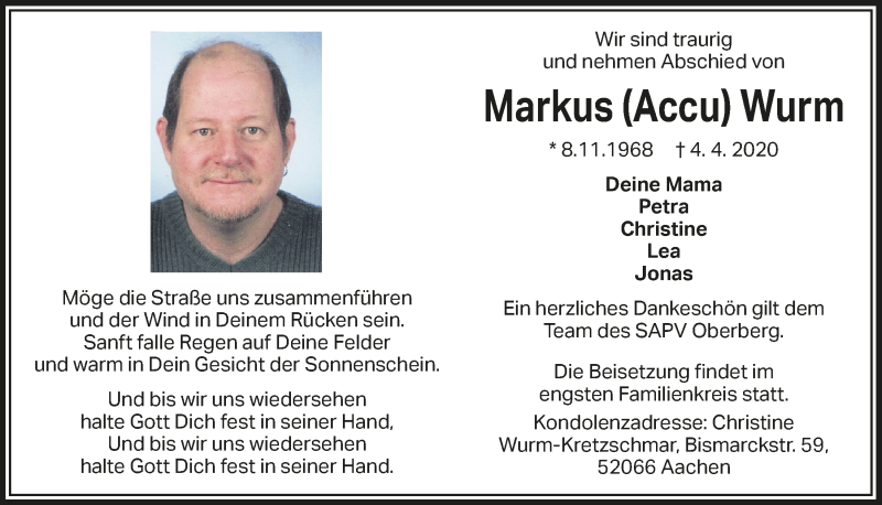  Traueranzeige für Markus Valder vom 10.04.2020 aus  Anzeigen Echo 