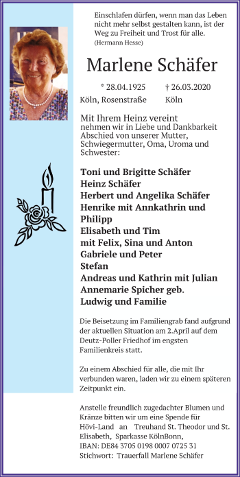Anzeige von Marlene Schäfer von Kölner Stadt-Anzeiger / Kölnische Rundschau / Express