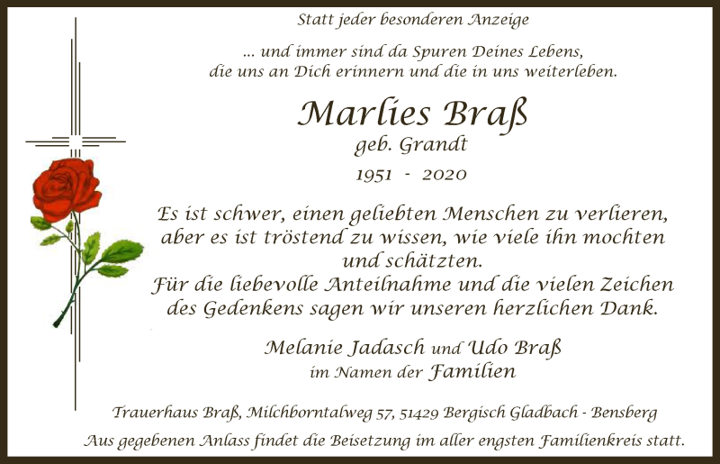  Traueranzeige für Marlies Braß vom 30.04.2020 aus  Bergisches Handelsblatt 