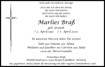 Anzeige von Marlies Braß von  Bergisches Handelsblatt 