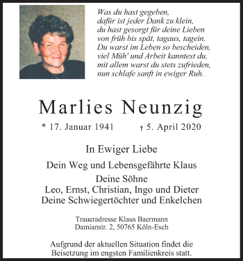 Anzeige von Marlies Neunzig von Kölner Stadt-Anzeiger / Kölnische Rundschau / Express