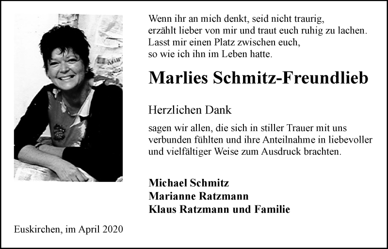  Traueranzeige für Marlies Schmitz-Freundlieb vom 18.04.2020 aus  Blickpunkt Euskirchen 