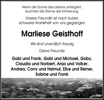 Anzeige von Marliese Geisthoff von Kölner Stadt-Anzeiger / Kölnische Rundschau / Express