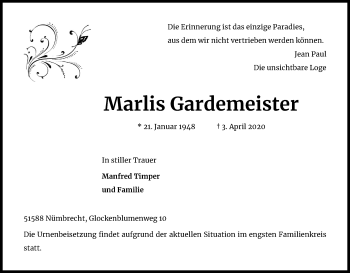 Anzeige von Marlis Gardemeister von Kölner Stadt-Anzeiger / Kölnische Rundschau / Express
