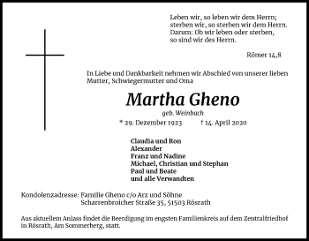 Anzeige von Martha Gheno von Kölner Stadt-Anzeiger / Kölnische Rundschau / Express