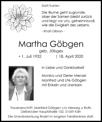 Anzeige von Martha Göbgen von  Kölner Wochenspiegel 