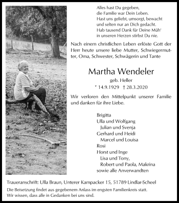 Anzeige von Martha Wendeler von Kölner Stadt-Anzeiger / Kölnische Rundschau / Express