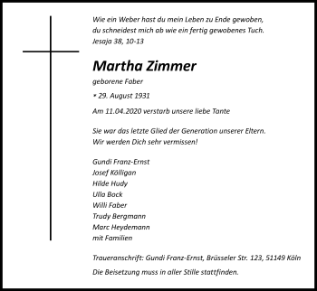 Anzeige von Martha Zimmer von Kölner Stadt-Anzeiger / Kölnische Rundschau / Express