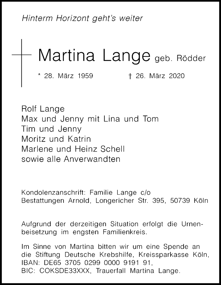  Traueranzeige für Martina Lange vom 04.04.2020 aus Kölner Stadt-Anzeiger / Kölnische Rundschau / Express