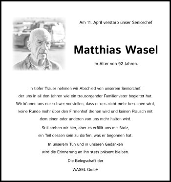 Anzeige von Matthias Wasel von Kölner Stadt-Anzeiger / Kölnische Rundschau / Express