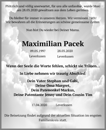 Anzeige von Maximilian Pacek von Kölner Stadt-Anzeiger / Kölnische Rundschau / Express