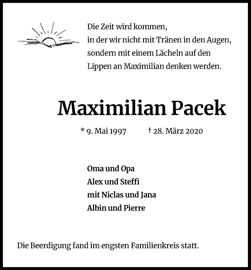  Traueranzeige für Maximilian Pacek vom 25.04.2020 aus Kölner Stadt-Anzeiger / Kölnische Rundschau / Express