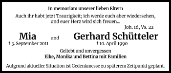 Anzeige von Mia Schütteler von Kölner Stadt-Anzeiger / Kölnische Rundschau / Express