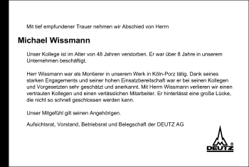 Anzeige von Michael Wissmann von Kölner Stadt-Anzeiger / Kölnische Rundschau / Express