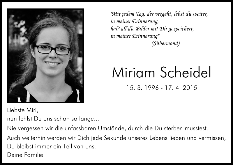  Traueranzeige für Miriam Scheidel vom 18.04.2020 aus Kölner Stadt-Anzeiger / Kölnische Rundschau / Express