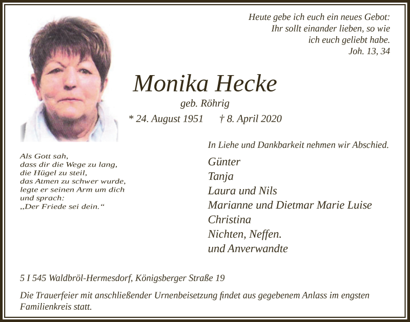  Traueranzeige für Monika Hecke vom 17.04.2020 aus  Lokalanzeiger 