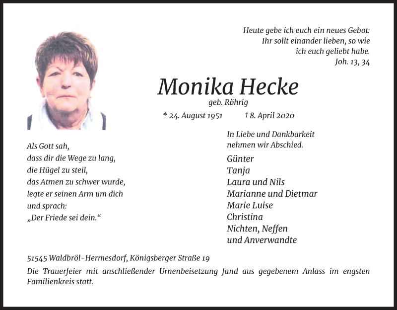  Traueranzeige für Monika Hecke vom 18.04.2020 aus Kölner Stadt-Anzeiger / Kölnische Rundschau / Express