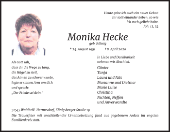 Anzeige von Monika Hecke von Kölner Stadt-Anzeiger / Kölnische Rundschau / Express