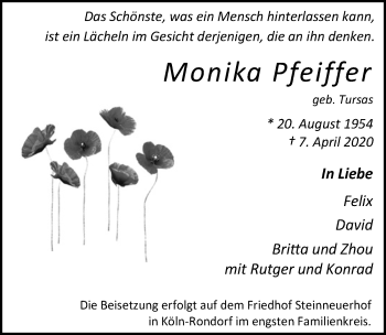 Anzeige von Monika Pfeiffer von  Kölner Wochenspiegel 