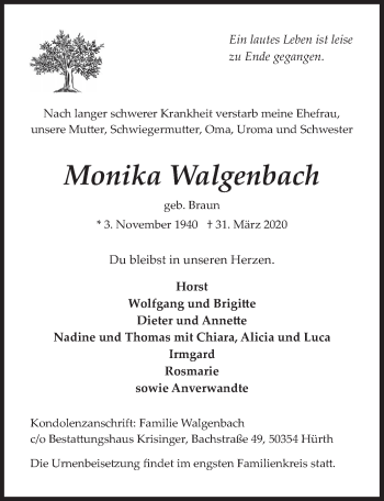 Anzeige von Monika Walgenbach von  Wochenende 