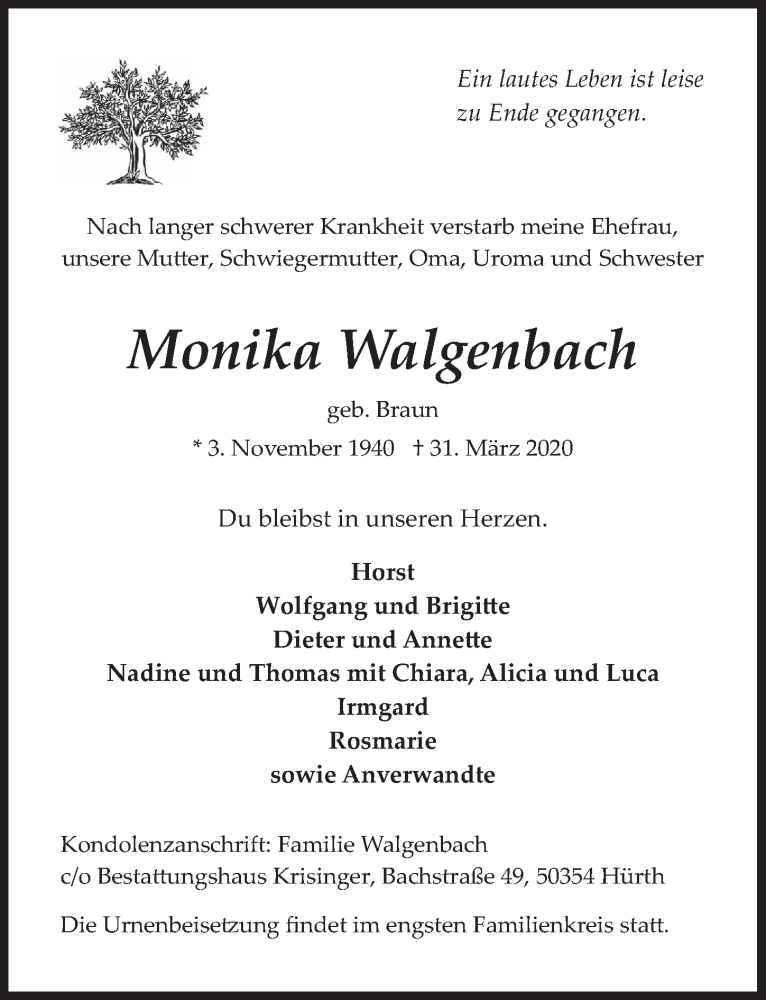  Traueranzeige für Monika Walgenbach vom 03.04.2020 aus  Wochenende 