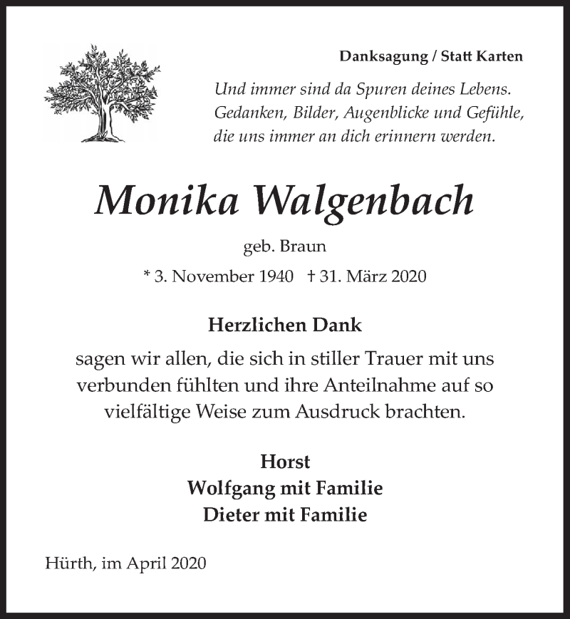  Traueranzeige für Monika Walgenbach vom 24.04.2020 aus  Wochenende 