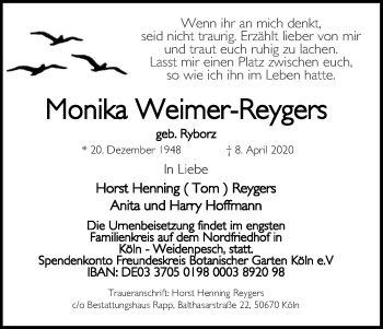 Anzeige von Monika Weimer-Reygers von Kölner Stadt-Anzeiger / Kölnische Rundschau / Express