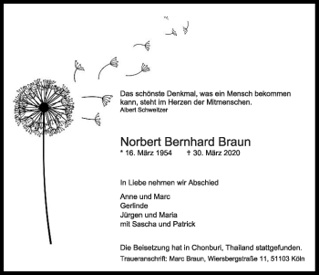 Anzeige von Norbert Bernhard Braun von Kölner Stadt-Anzeiger / Kölnische Rundschau / Express