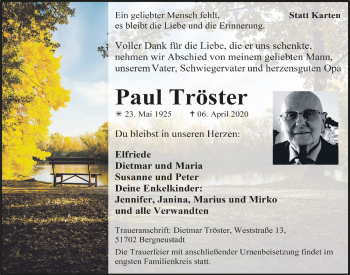 Anzeige von PAul Tröster von  Anzeigen Echo 