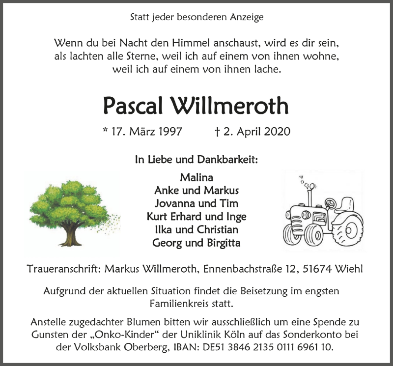  Traueranzeige für Pascal Willmeroth vom 10.04.2020 aus  Anzeigen Echo 