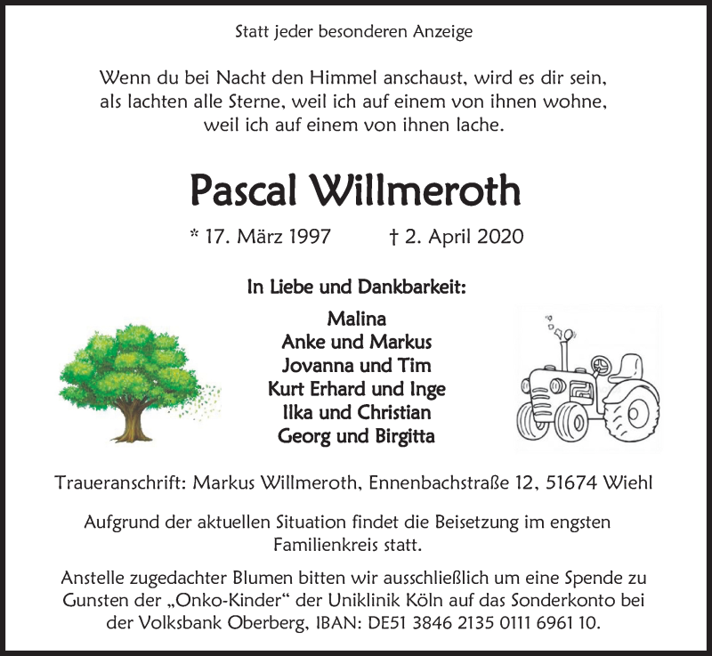  Traueranzeige für Pascal Willmeroth vom 07.04.2020 aus Kölner Stadt-Anzeiger / Kölnische Rundschau / Express