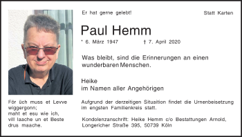 Anzeige von Paul Hemm von Kölner Stadt-Anzeiger / Kölnische Rundschau / Express