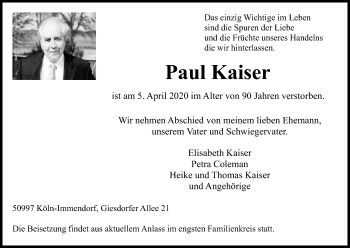 Anzeige von Paul Kaiser von Kölner Stadt-Anzeiger / Kölnische Rundschau / Express