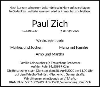 Anzeige von Paul Zich von  Wochenende 